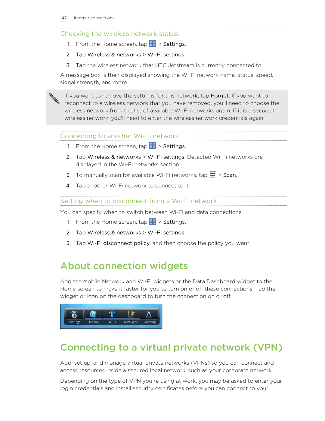 HTC Jetstream About connection widgets, Connecting to a virtual private network VPN, Checking the wireless network status 