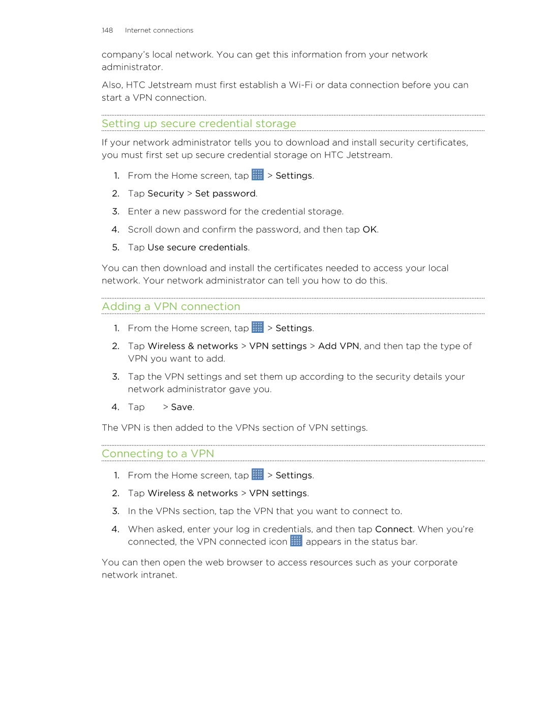 HTC Jetstream manual Setting up secure credential storage, Adding a VPN connection, Connecting to a VPN 