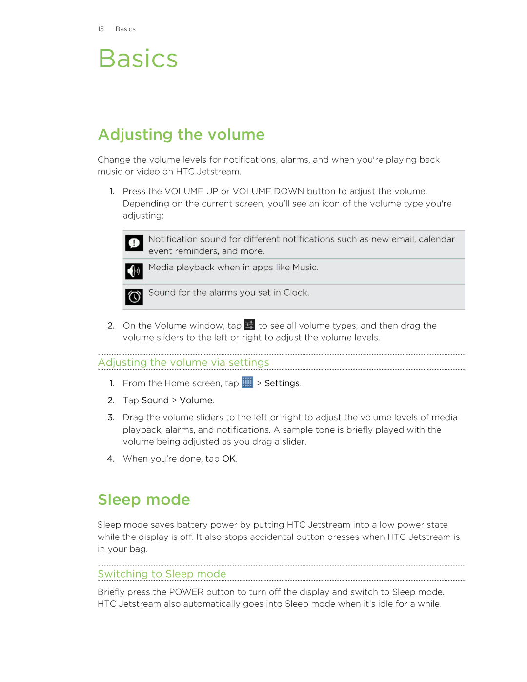 HTC Jetstream manual Basics, Adjusting the volume via settings, Switching to Sleep mode 