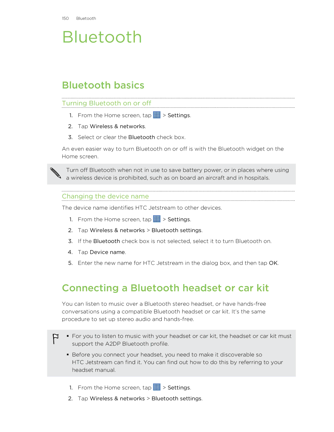 HTC Jetstream manual Bluetooth basics, Connecting a Bluetooth headset or car kit, Turning Bluetooth on or off 