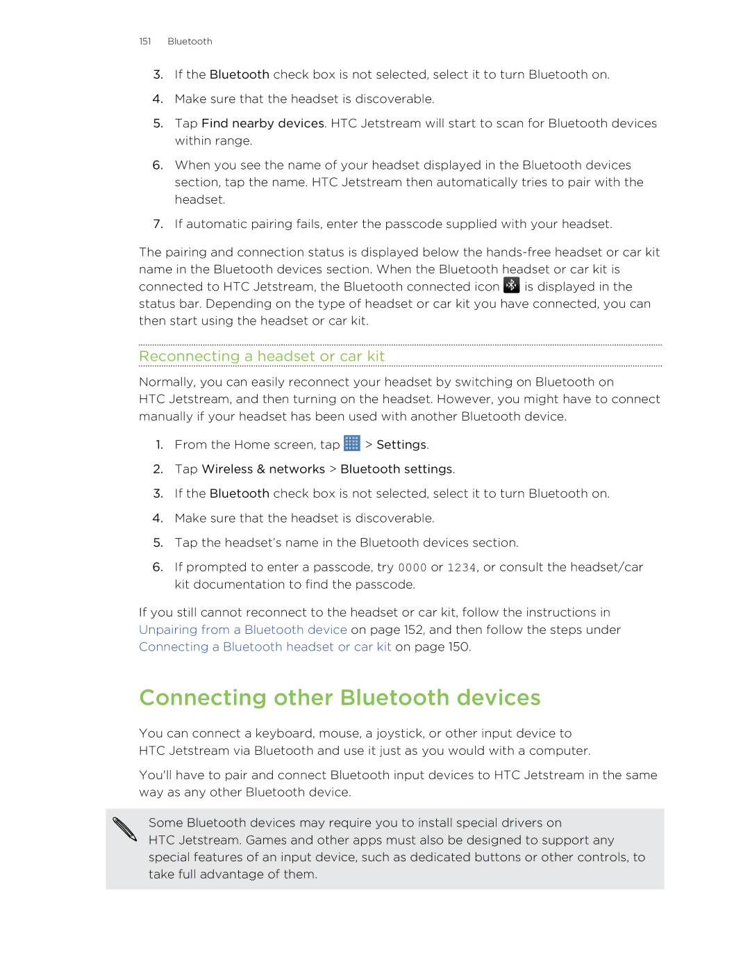 HTC Jetstream manual Connecting other Bluetooth devices, Reconnecting a headset or car kit 