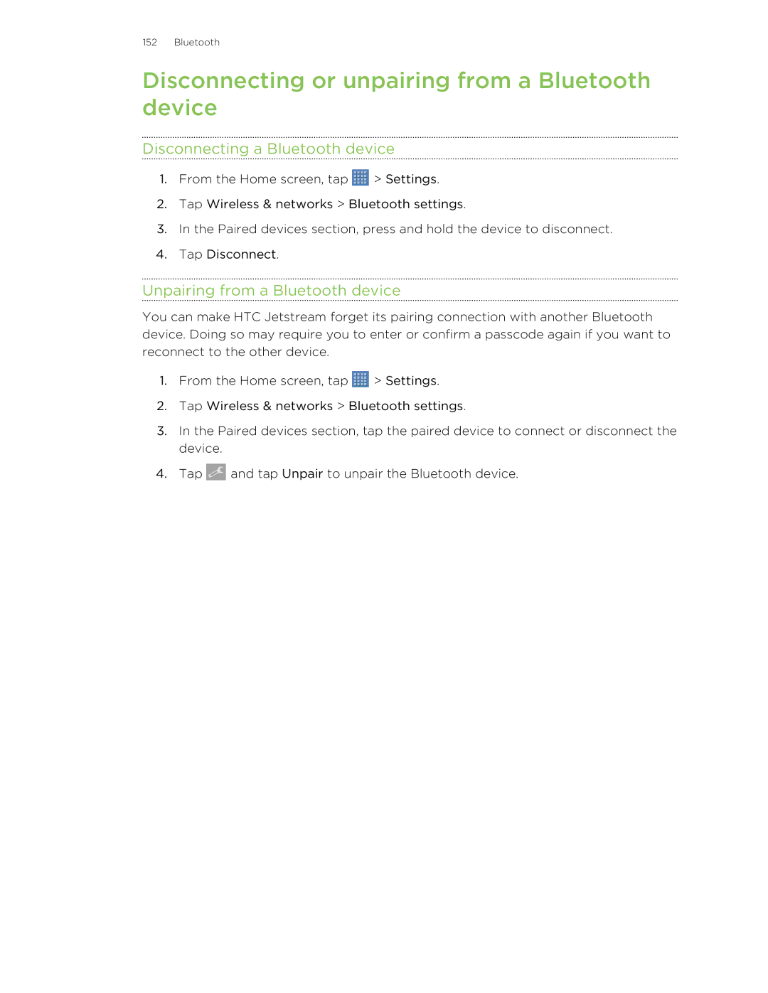 HTC Jetstream manual Disconnecting or unpairing from a Bluetooth device, Disconnecting a Bluetooth device 