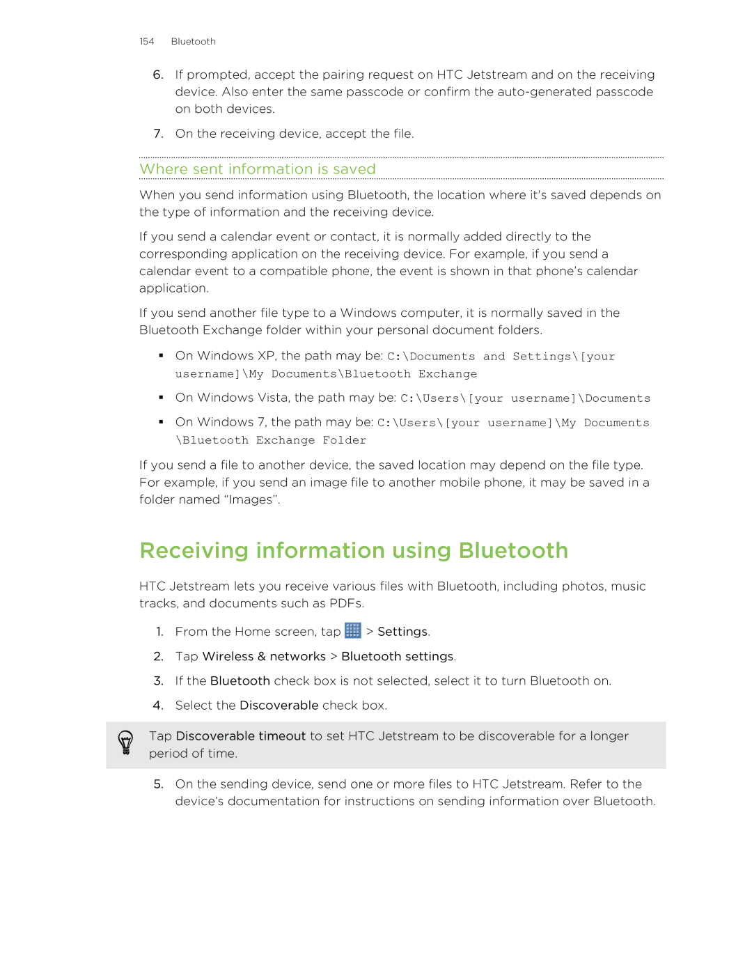 HTC Jetstream manual Receiving information using Bluetooth, Where sent information is saved 