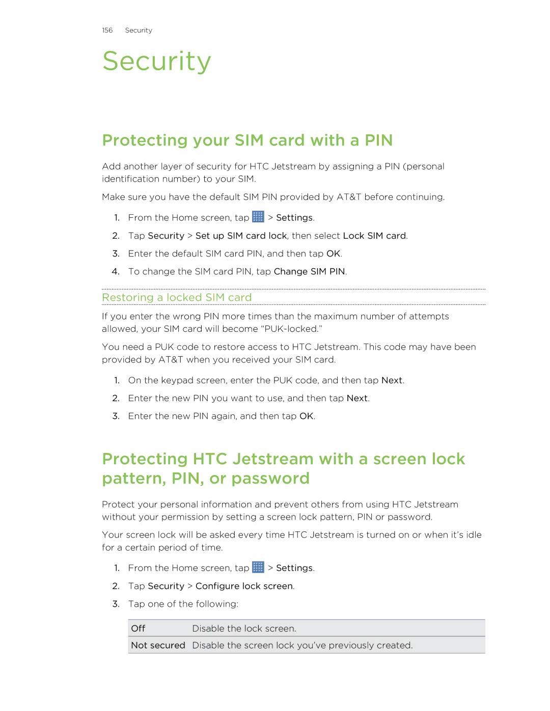 HTC Jetstream manual Security, Protecting your SIM card with a PIN, Restoring a locked SIM card 