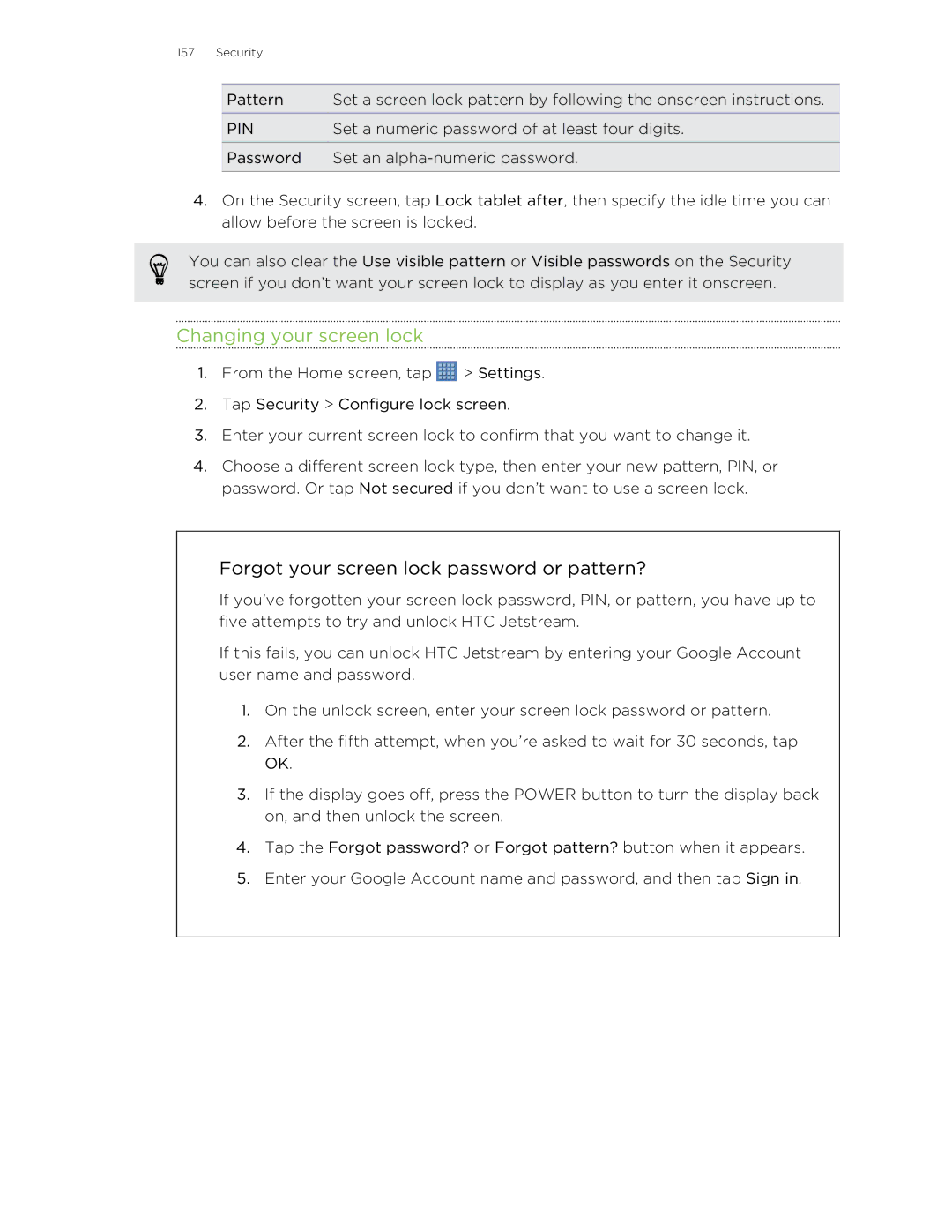 HTC Jetstream manual Changing your screen lock, Pin 