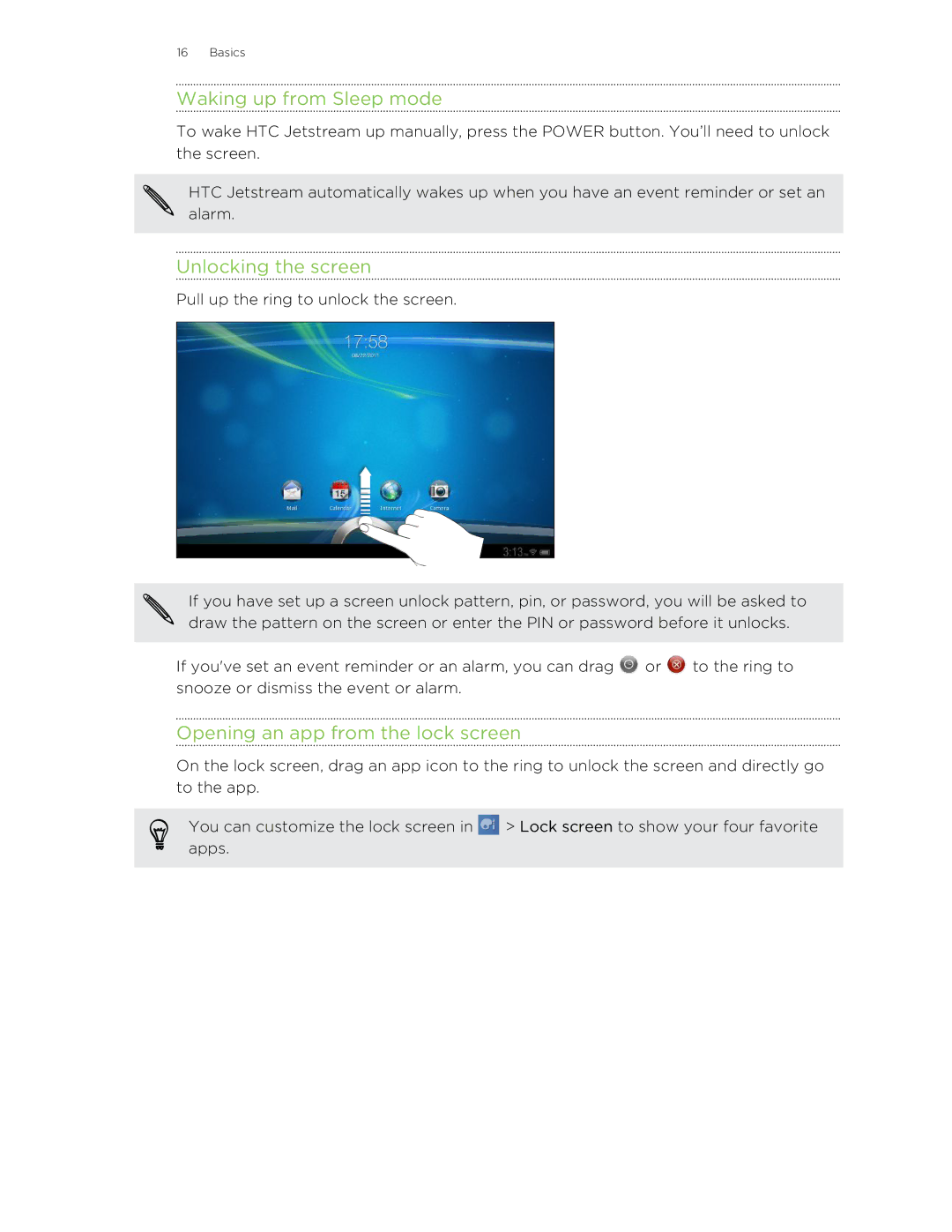 HTC Jetstream manual Waking up from Sleep mode, Unlocking the screen, Opening an app from the lock screen 