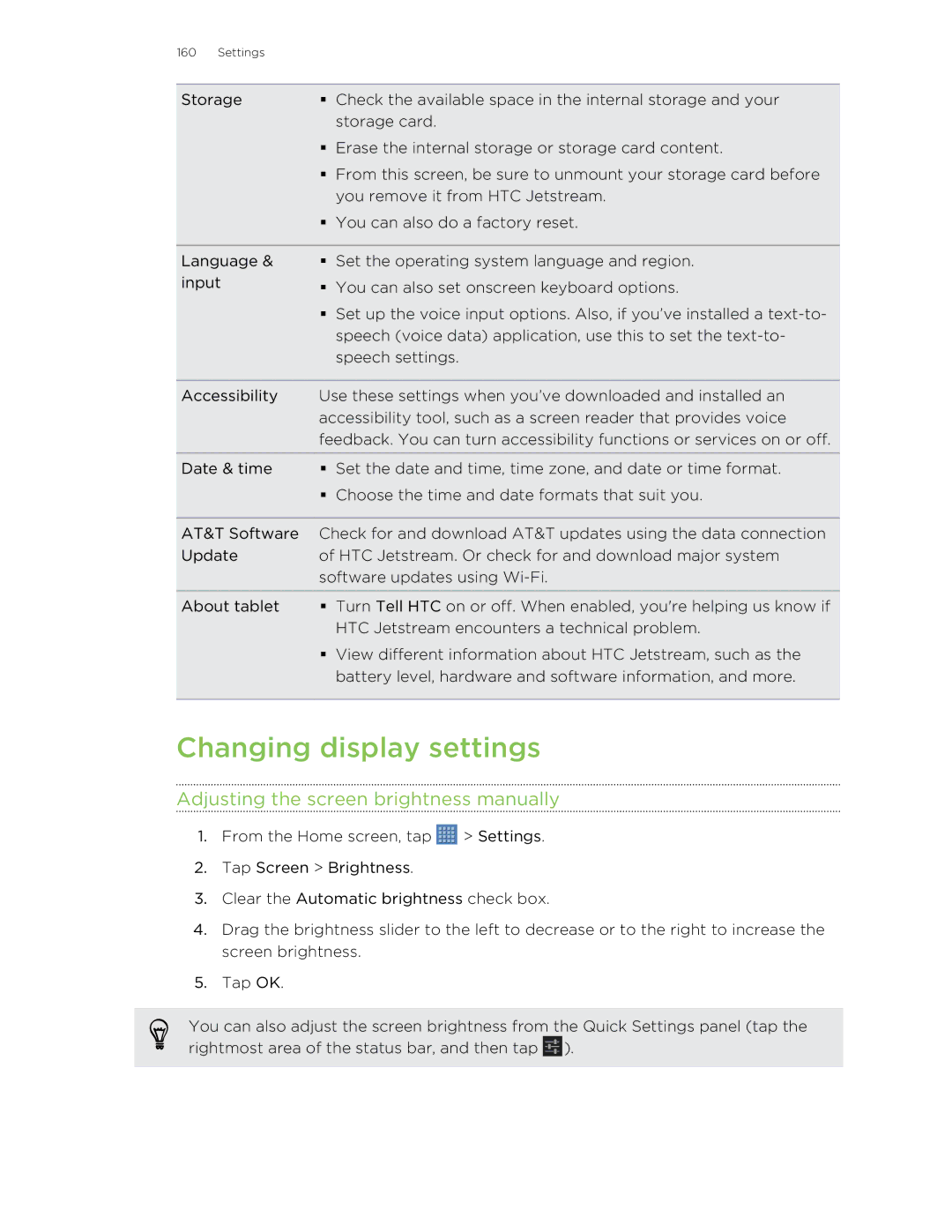 HTC Jetstream Changing display settings, Adjusting the screen brightness manually 