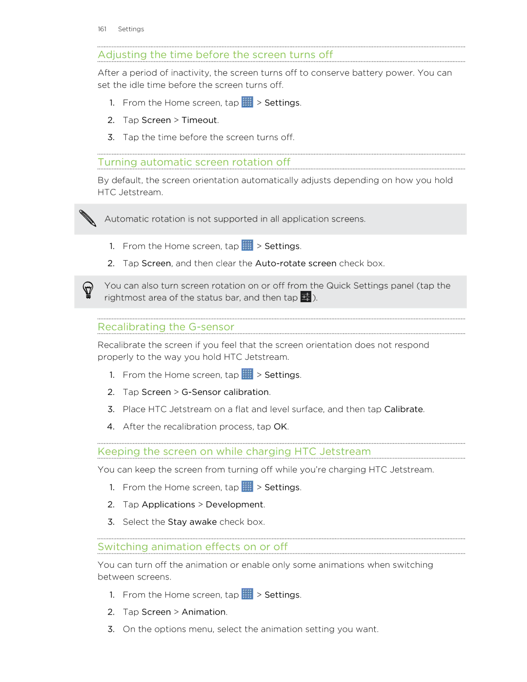 HTC Jetstream manual Adjusting the time before the screen turns off, Turning automatic screen rotation off 