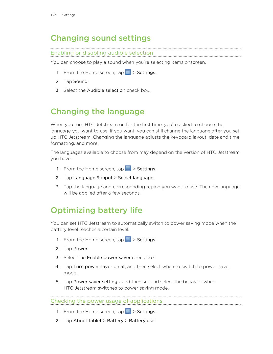 HTC Jetstream manual Changing sound settings, Changing the language, Optimizing battery life 