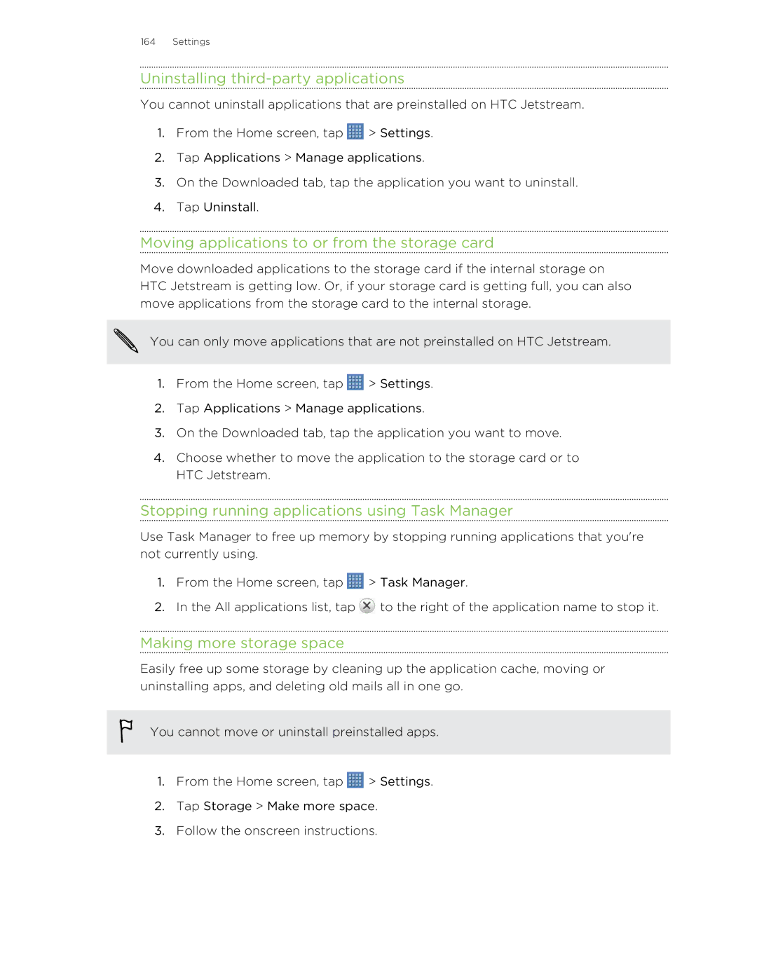 HTC Jetstream manual Uninstalling third-party applications, Moving applications to or from the storage card 