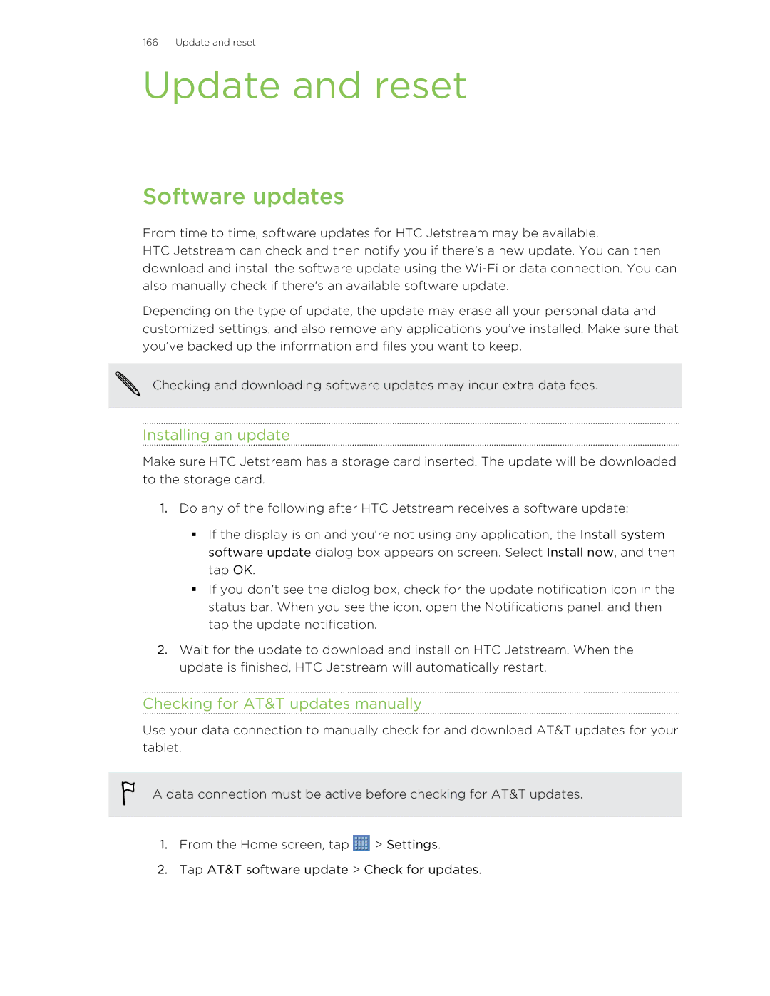 HTC Jetstream Update and reset, Software updates, Installing an update, Checking for AT&T updates manually 