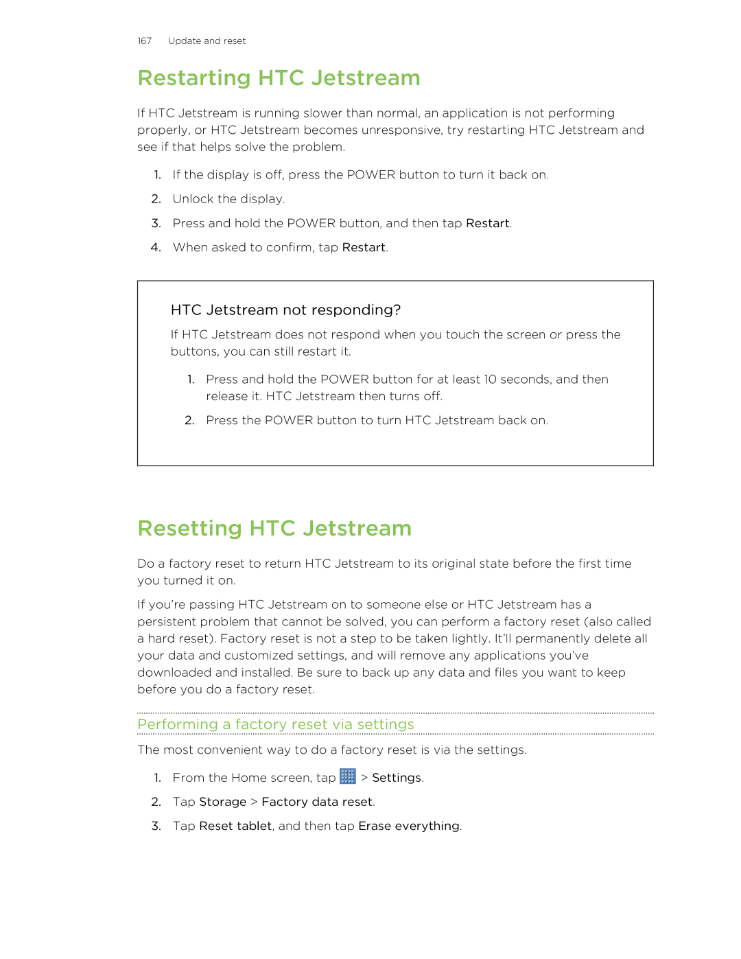 HTC manual Restarting HTC Jetstream, Resetting HTC Jetstream, Performing a factory reset via settings 