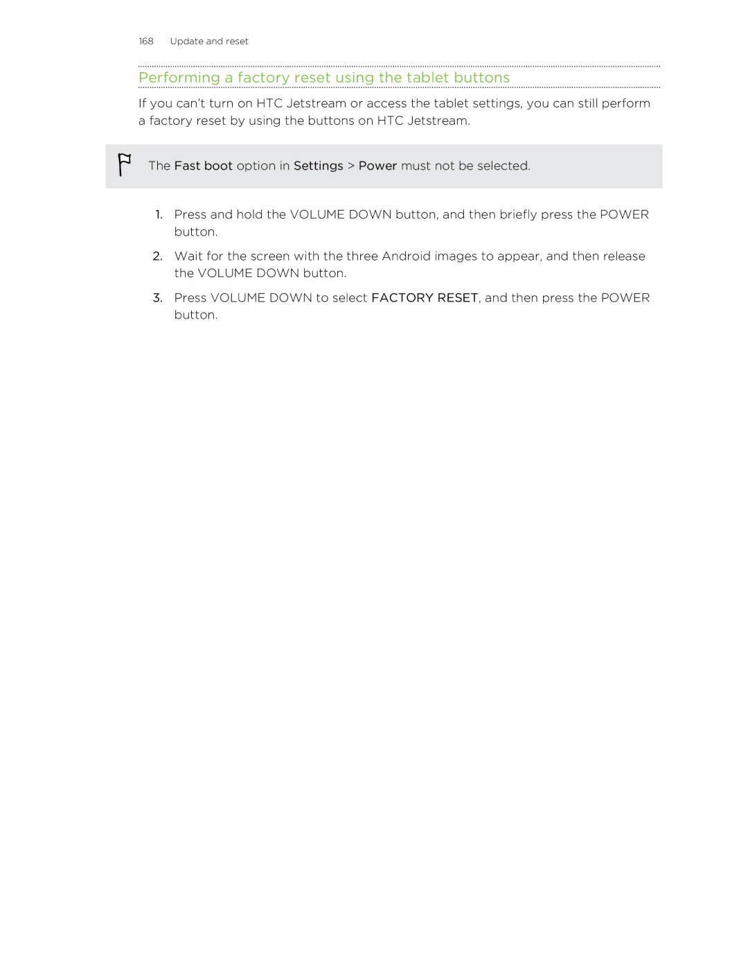 HTC Jetstream manual Performing a factory reset using the tablet buttons 