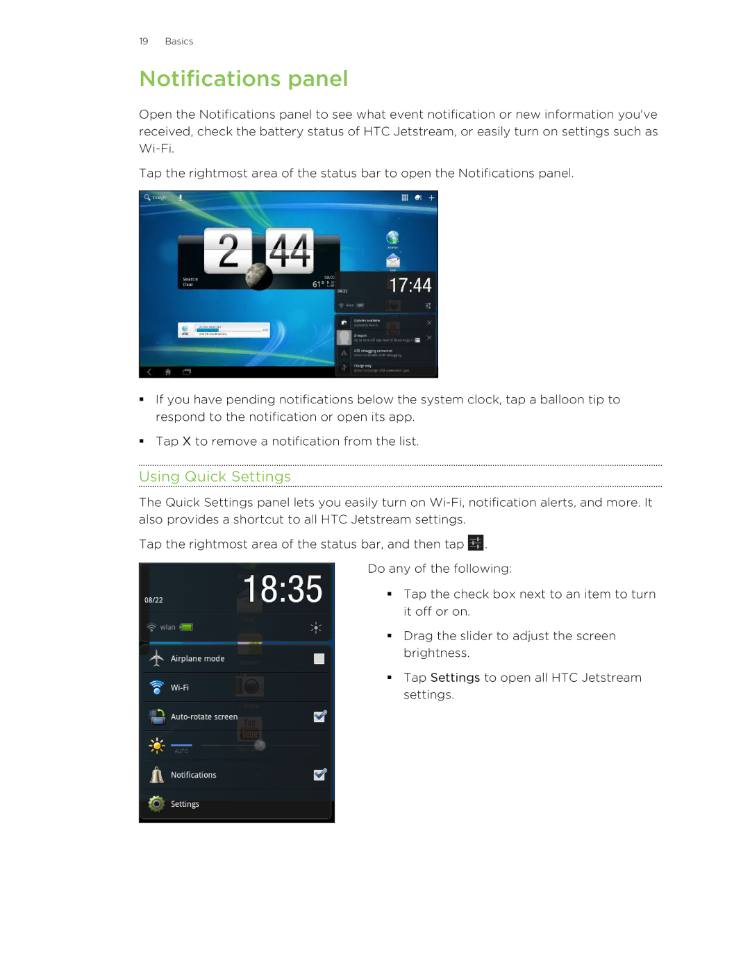 HTC Jetstream manual Notifications panel, Using Quick Settings 