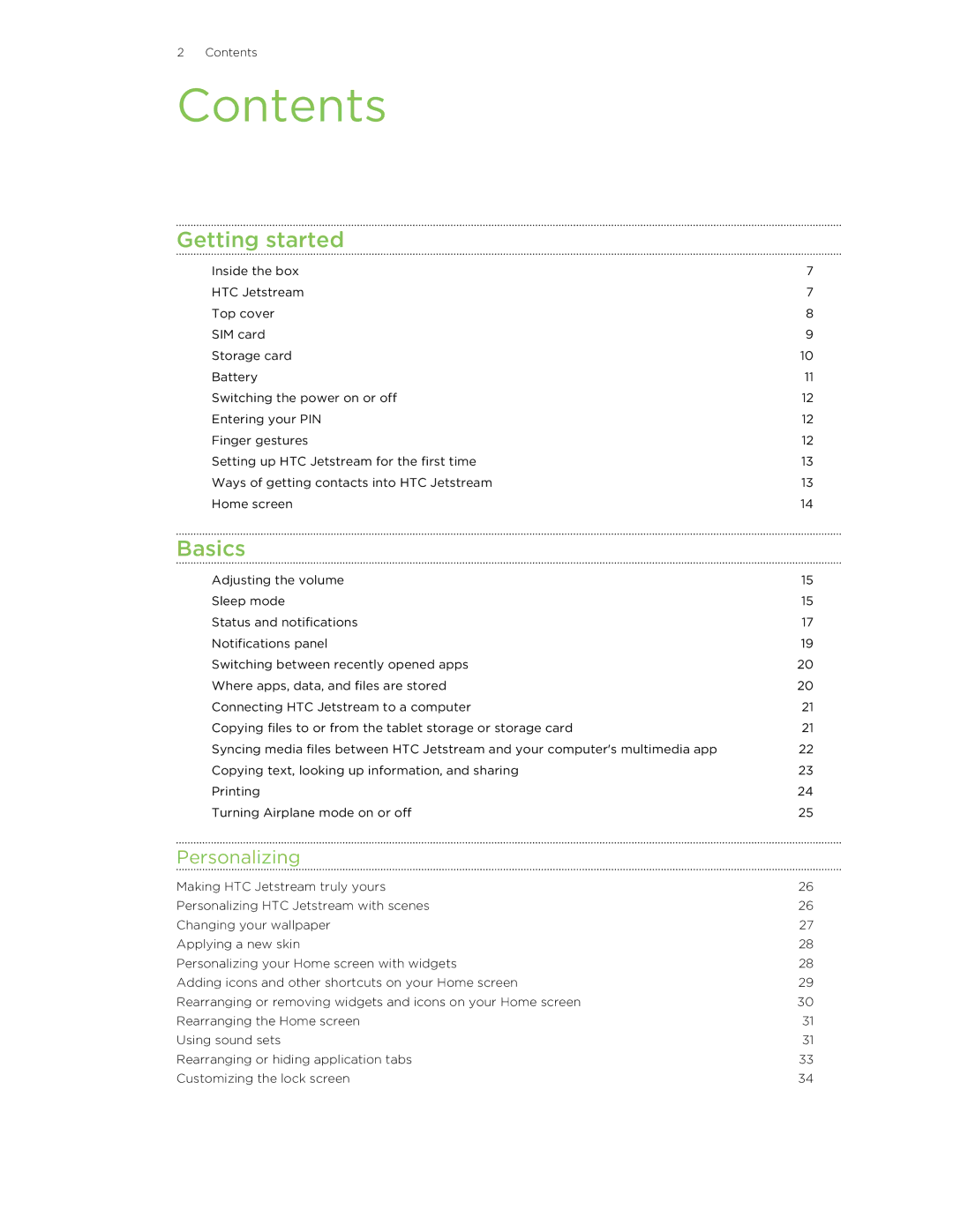 HTC Jetstream manual Contents 