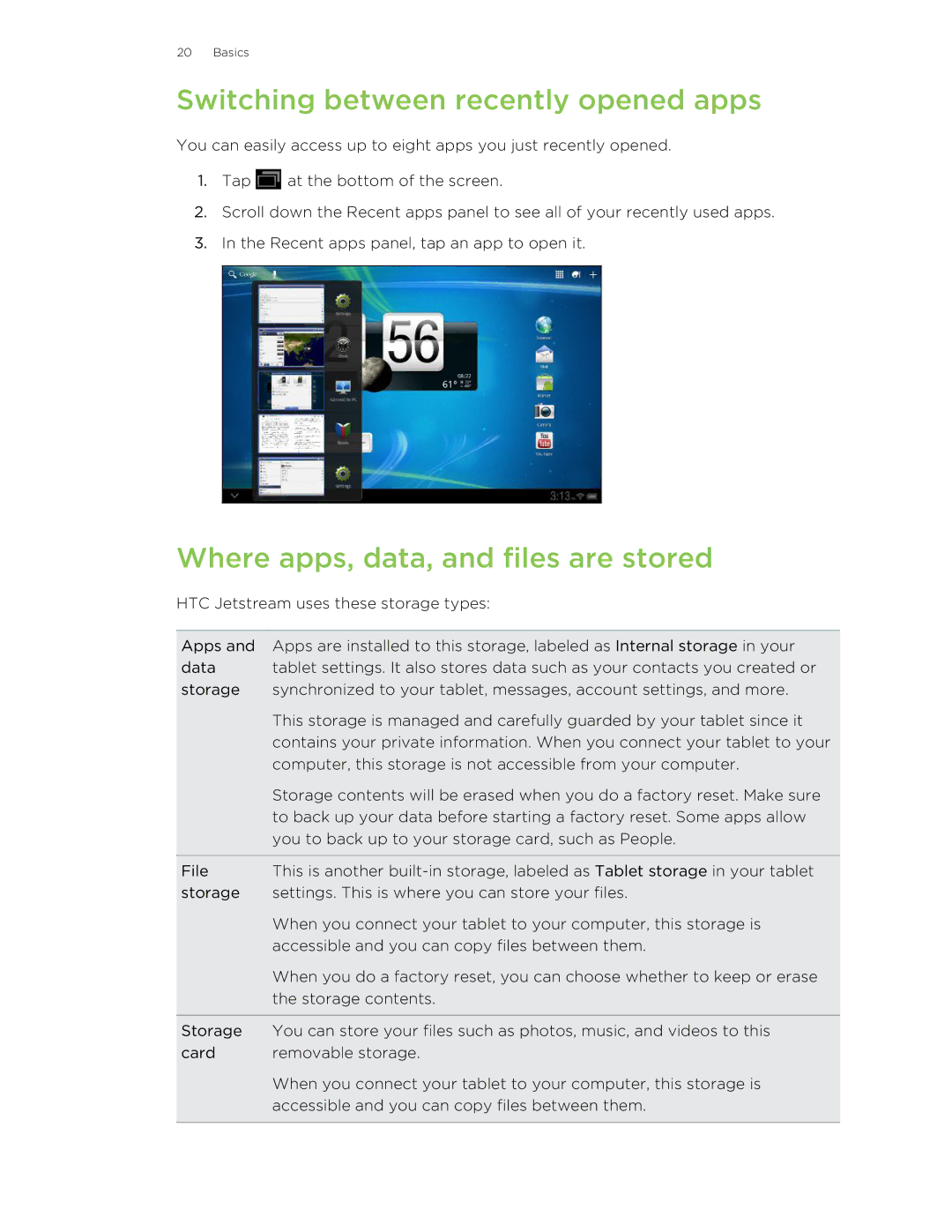 HTC Jetstream manual Switching between recently opened apps, Where apps, data, and files are stored 