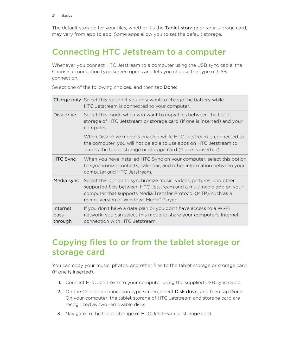 HTC manual Connecting HTC Jetstream to a computer, Copying files to or from the tablet storage or storage card 