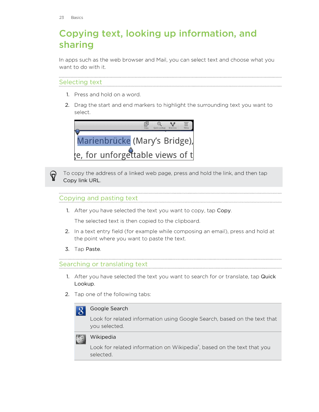 HTC Jetstream manual Copying text, looking up information, and sharing, Selecting text, Copying and pasting text 