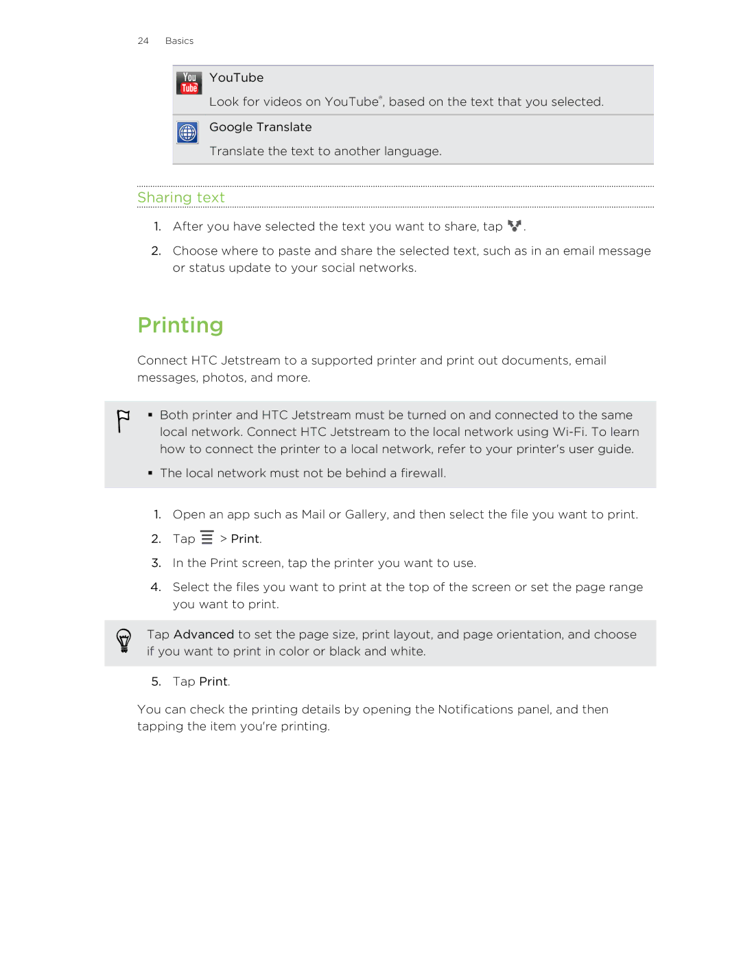 HTC Jetstream manual Printing, Sharing text 