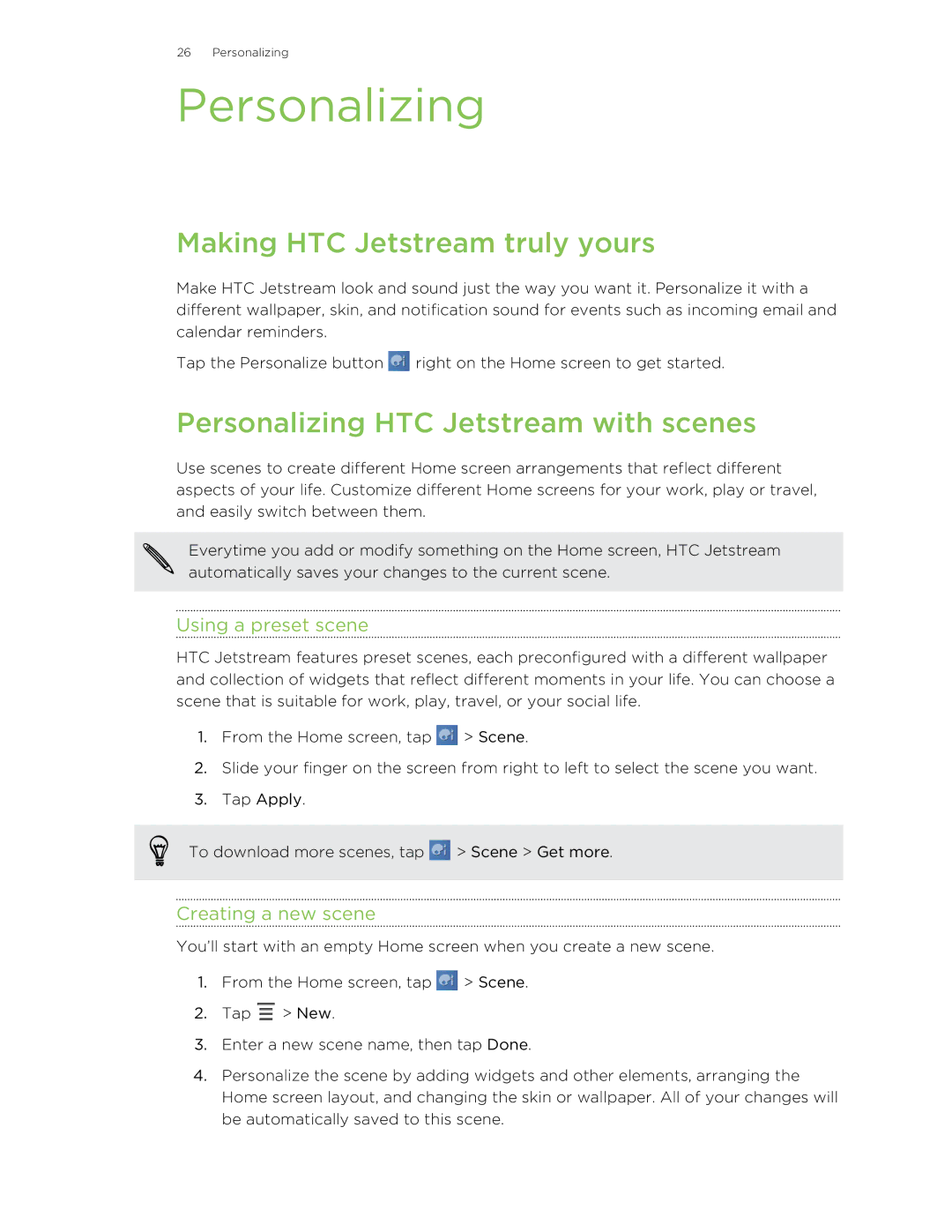 HTC manual Making HTC Jetstream truly yours, Personalizing HTC Jetstream with scenes, Using a preset scene 