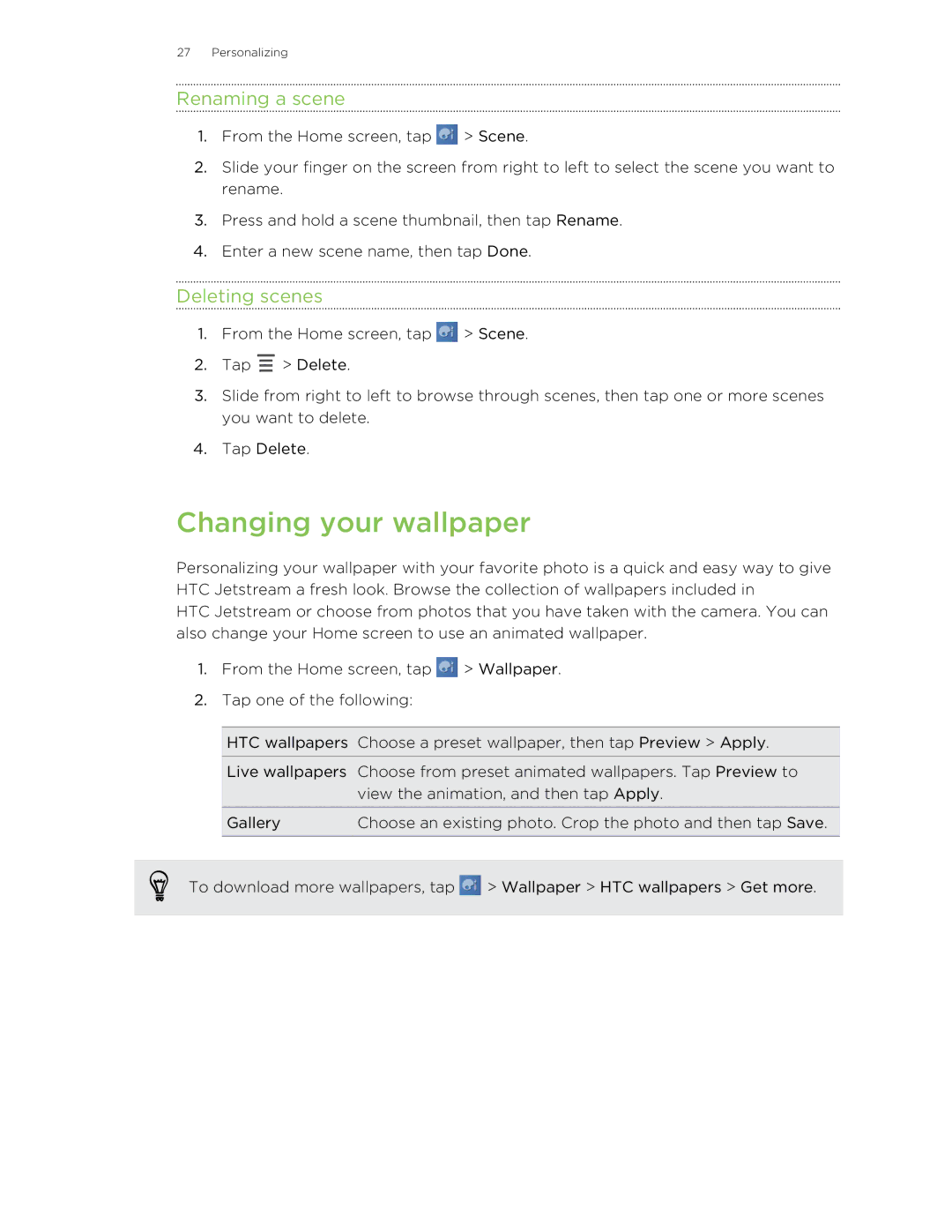 HTC Jetstream manual Changing your wallpaper, Renaming a scene, Deleting scenes 