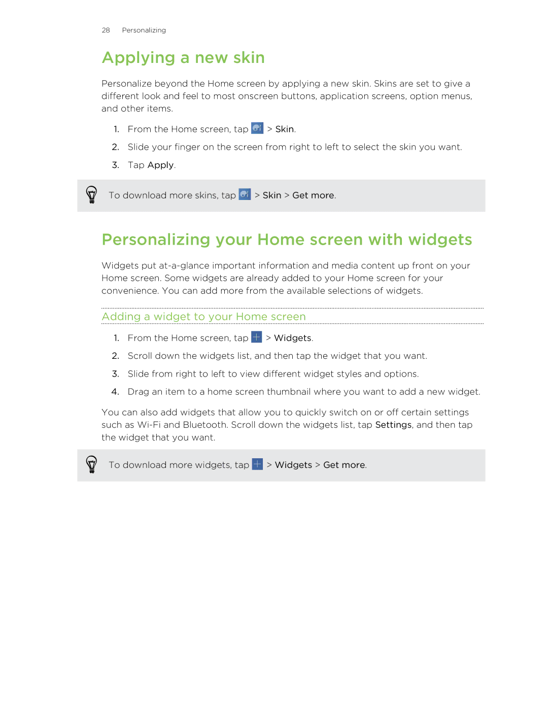 HTC Jetstream manual Applying a new skin, Personalizing your Home screen with widgets, Adding a widget to your Home screen 