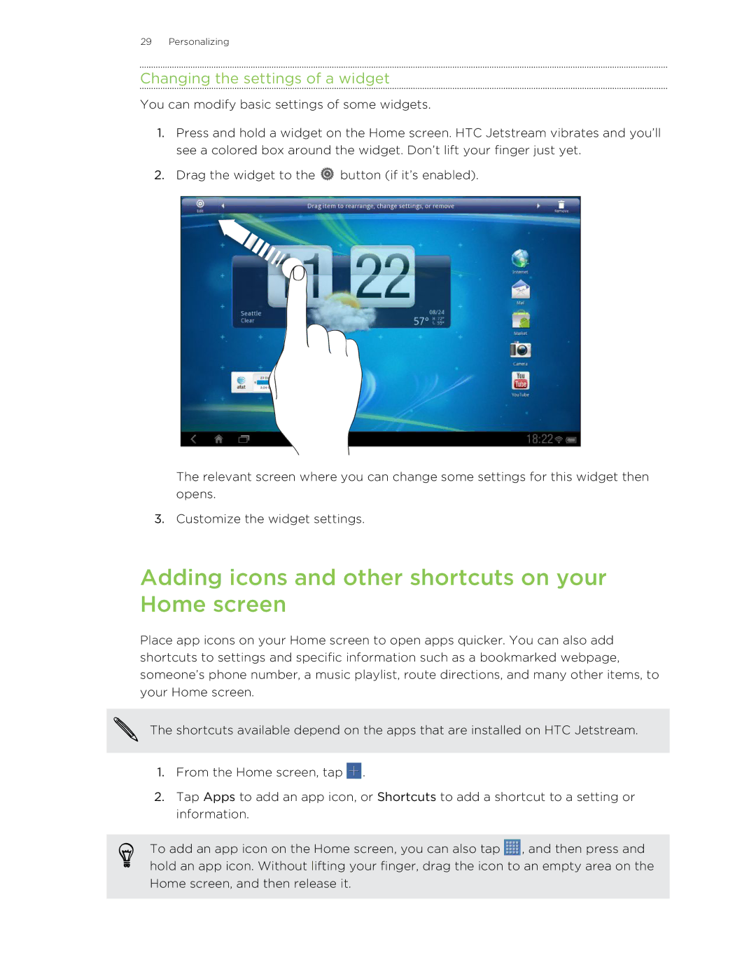 HTC Jetstream manual Adding icons and other shortcuts on your Home screen, Changing the settings of a widget 