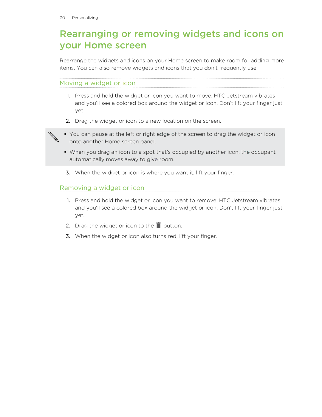 HTC Jetstream manual Moving a widget or icon, Removing a widget or icon 