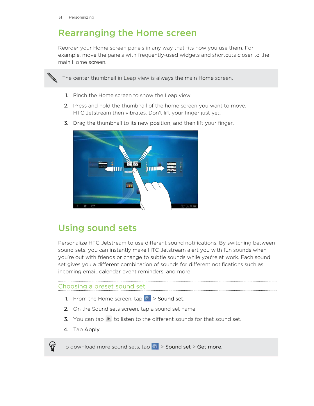 HTC Jetstream manual Rearranging the Home screen, Using sound sets, Choosing a preset sound set 