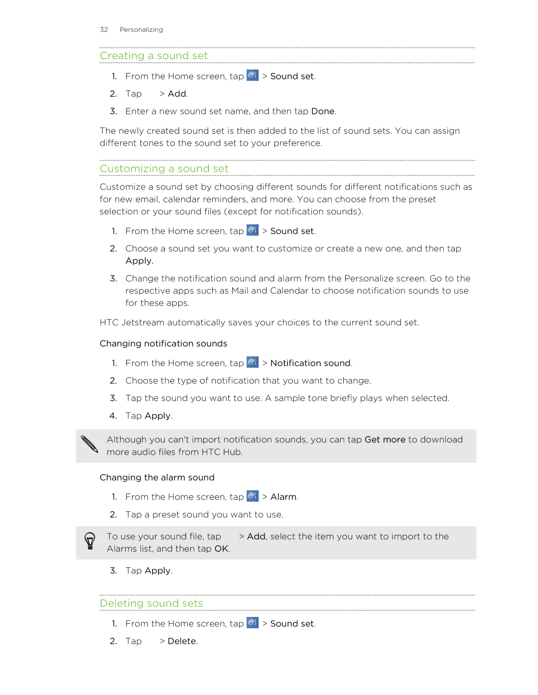 HTC Jetstream manual Creating a sound set, Customizing a sound set, Deleting sound sets 