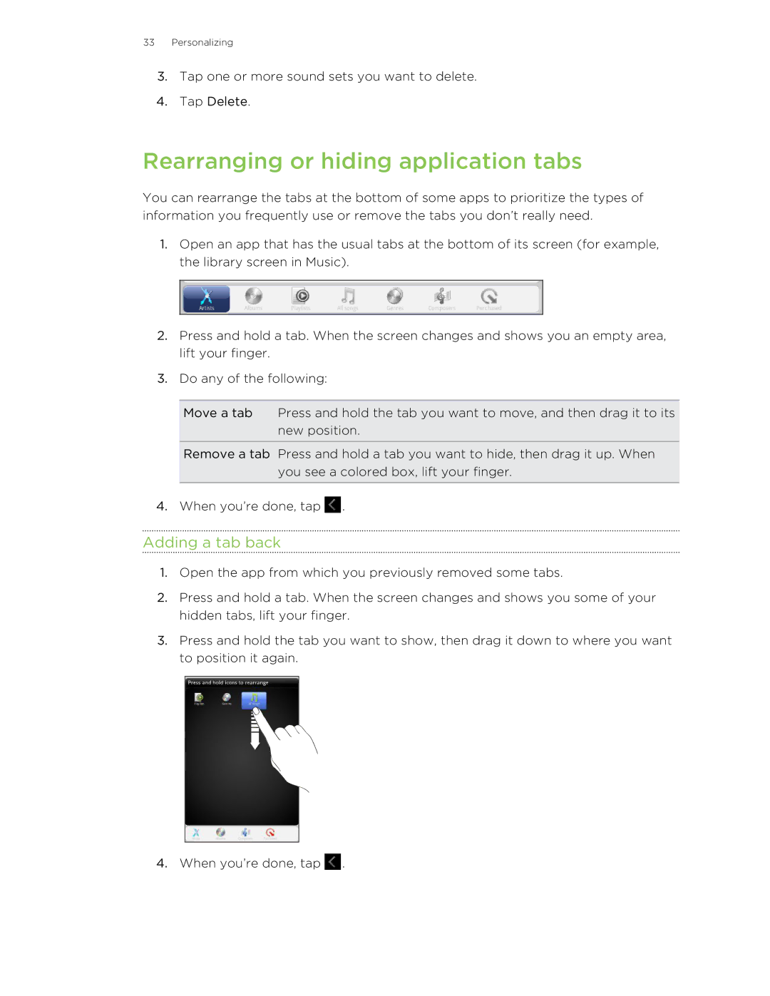 HTC Jetstream manual Rearranging or hiding application tabs, Adding a tab back 