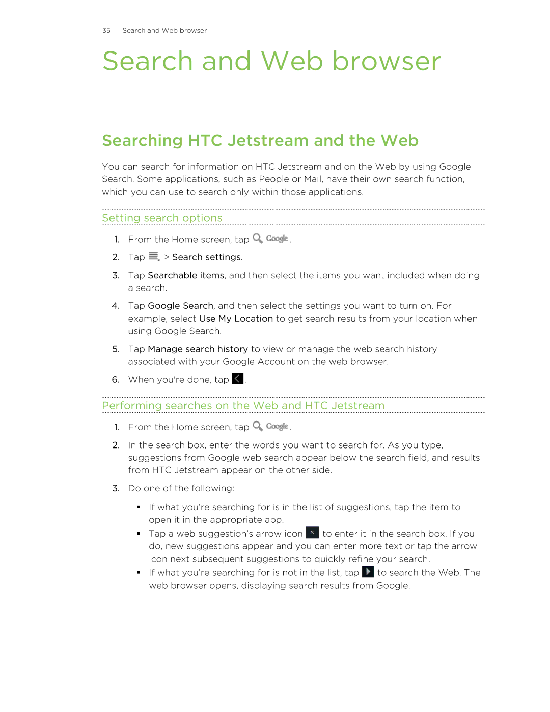 HTC manual Search and Web browser, Searching HTC Jetstream and the Web, Setting search options 