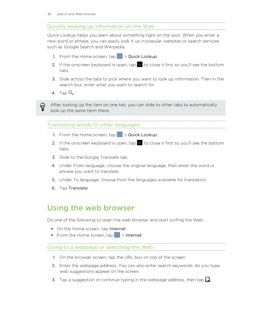 HTC Jetstream manual Using the web browser, Quickly looking up information on the Web, Translating words to other languages 