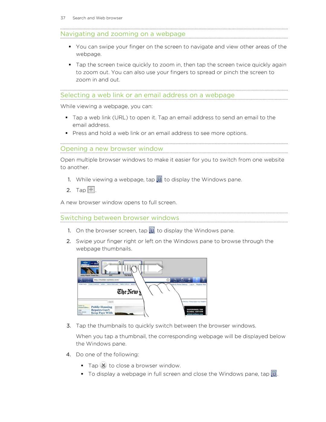 HTC Jetstream manual Navigating and zooming on a webpage, Selecting a web link or an email address on a webpage 