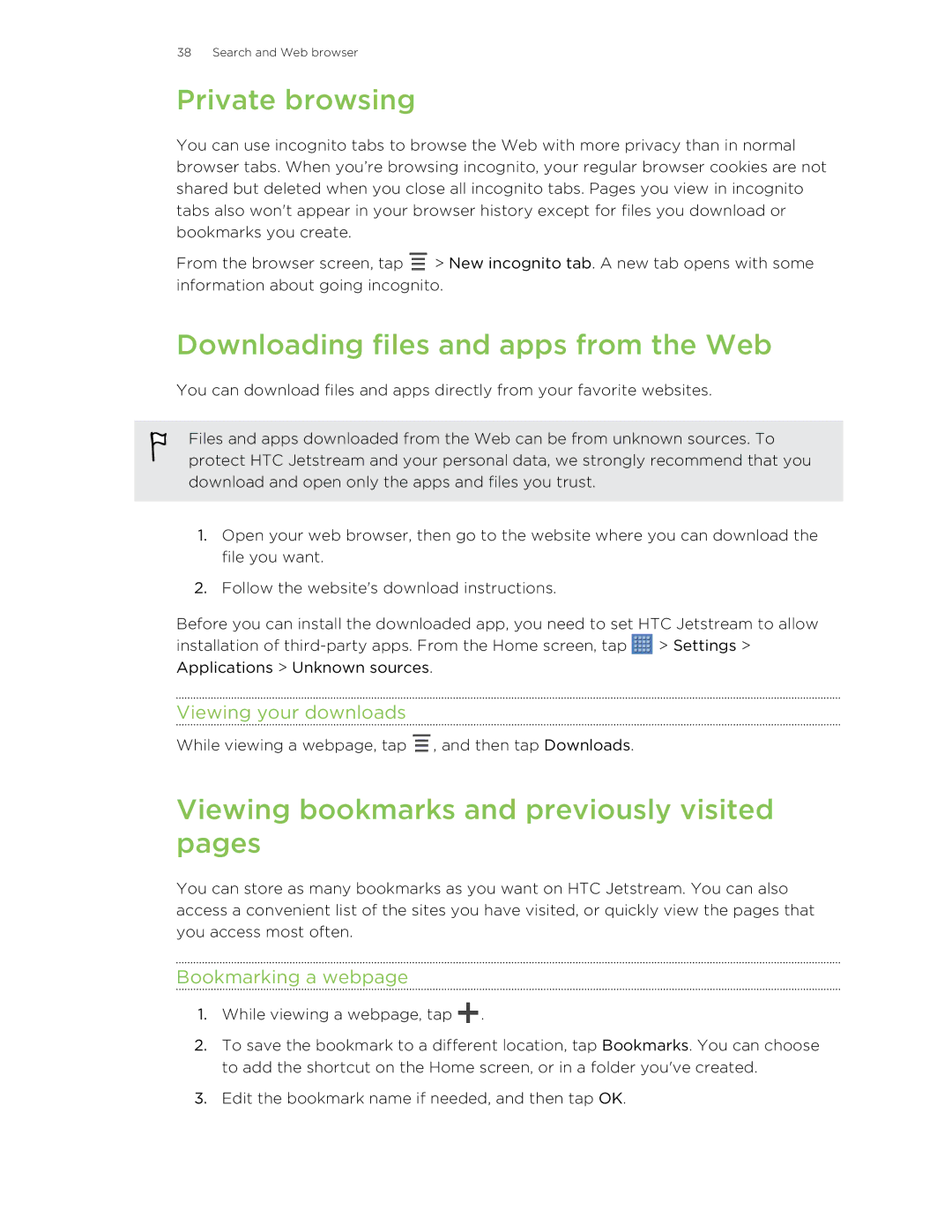 HTC Jetstream Private browsing, Downloading files and apps from the Web, Viewing bookmarks and previously visited pages 