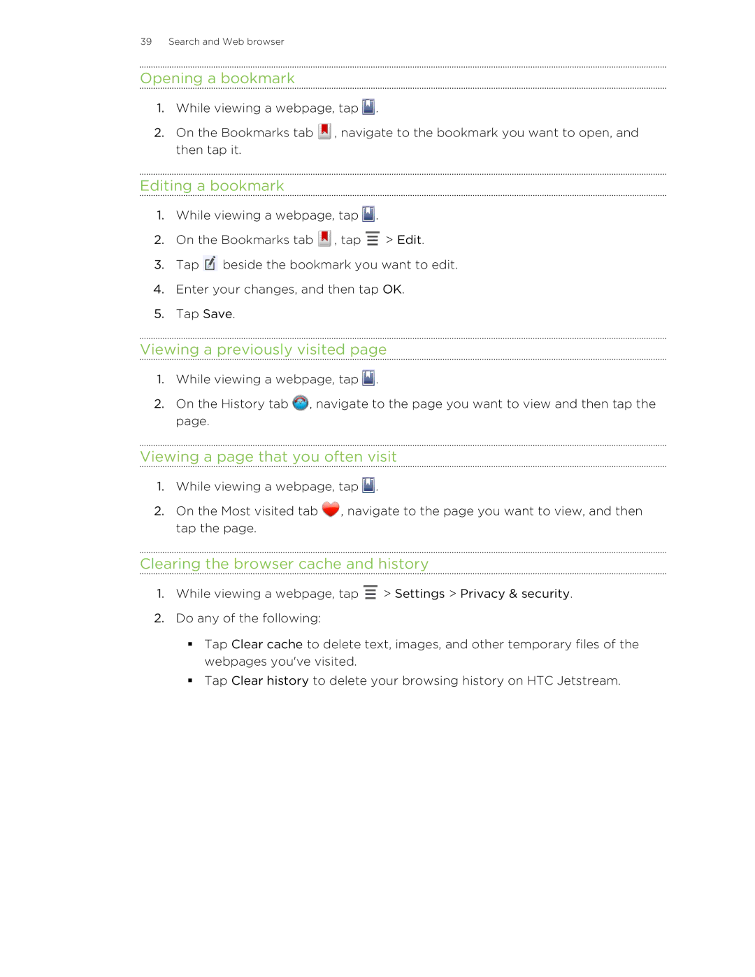 HTC Jetstream Opening a bookmark, Editing a bookmark, Viewing a previously visited, Viewing a page that you often visit 