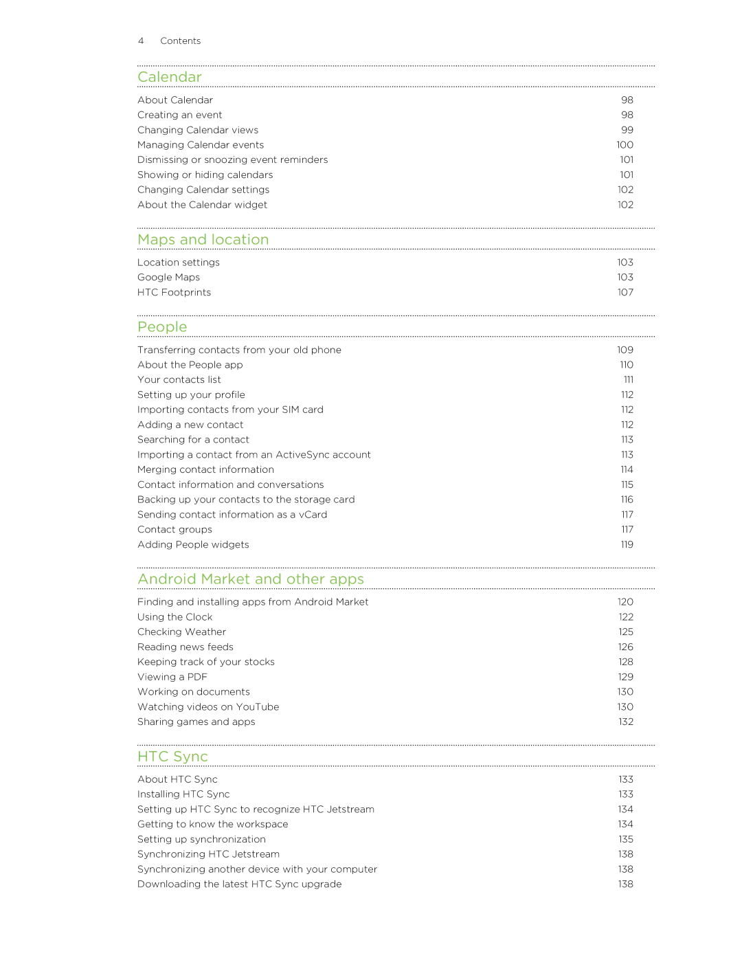 HTC Jetstream manual Calendar, Maps and location, People, Android Market and other apps, HTC Sync 