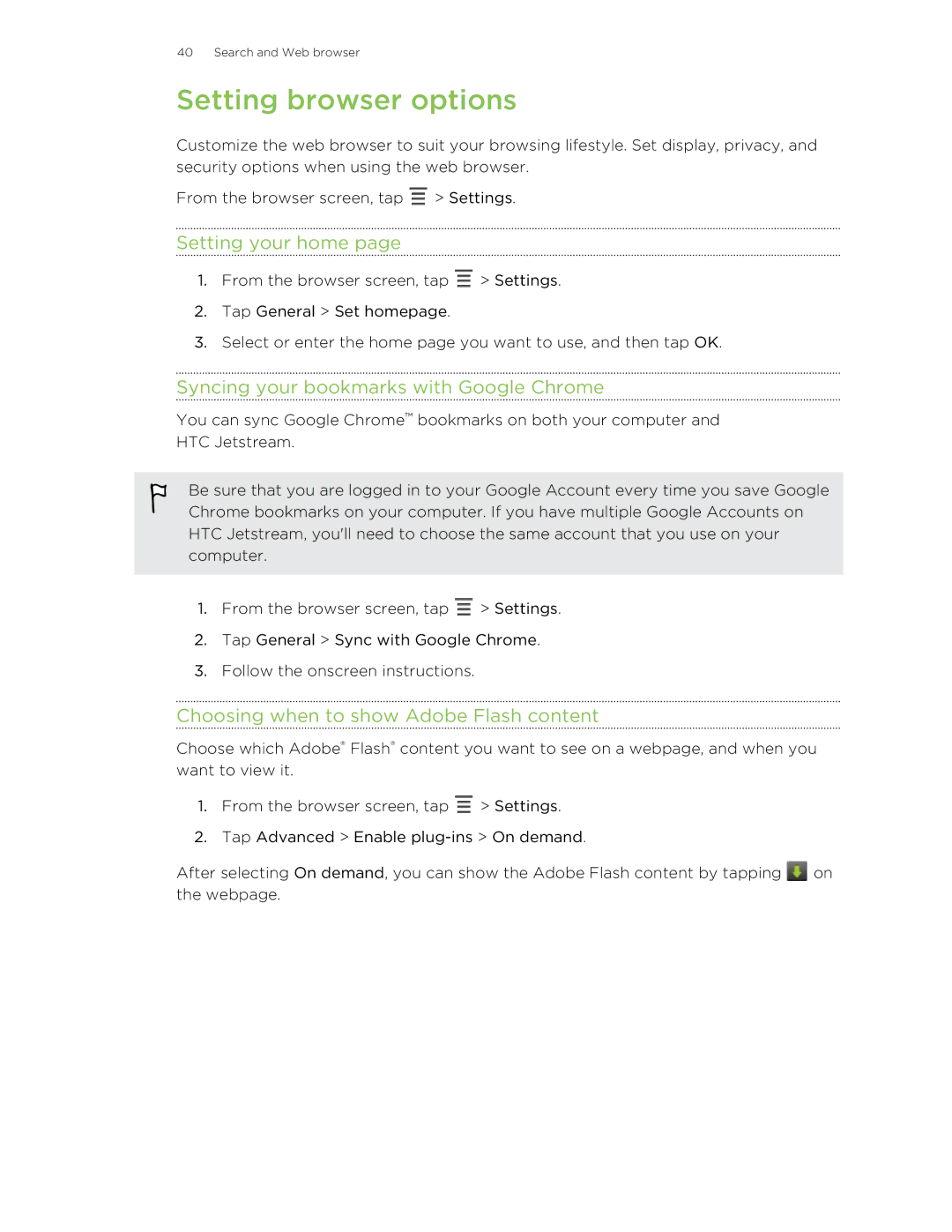 HTC Jetstream manual Setting browser options, Setting your home, Syncing your bookmarks with Google Chrome 