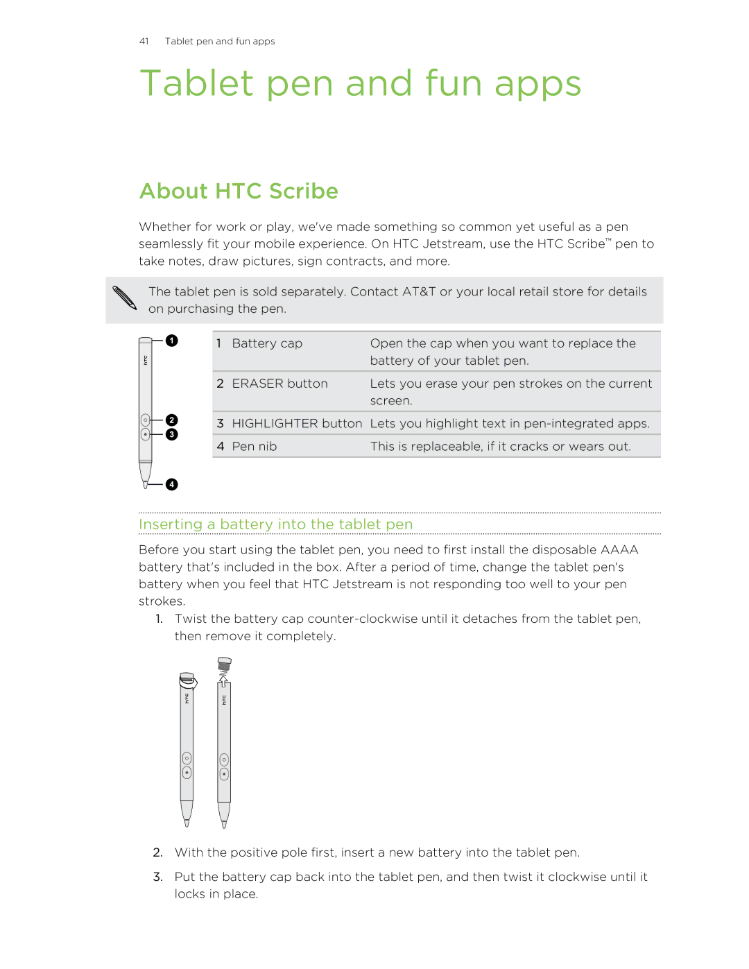 HTC Jetstream manual Tablet pen and fun apps, About HTC Scribe, Inserting a battery into the tablet pen 