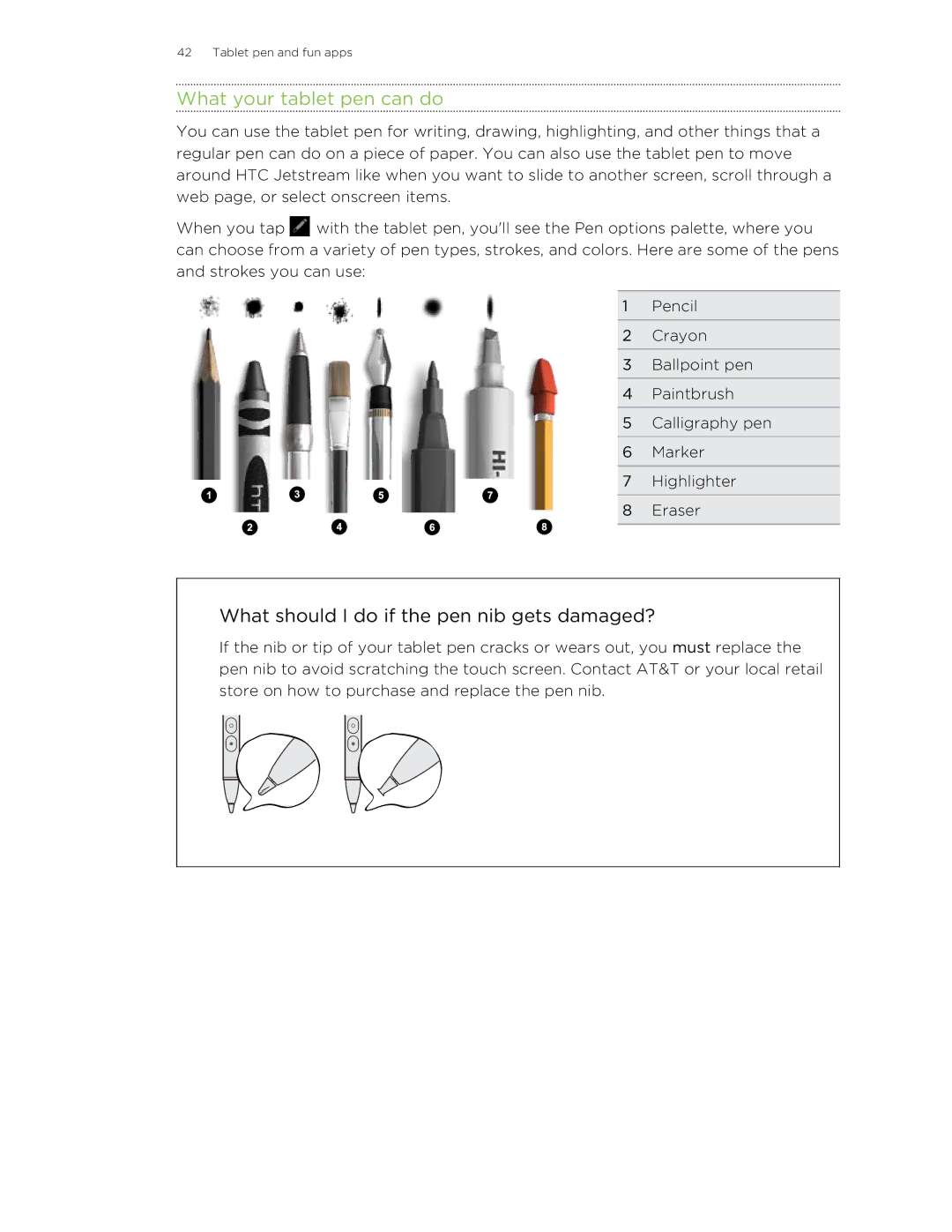 HTC Jetstream manual What your tablet pen can do, What should I do if the pen nib gets damaged? 