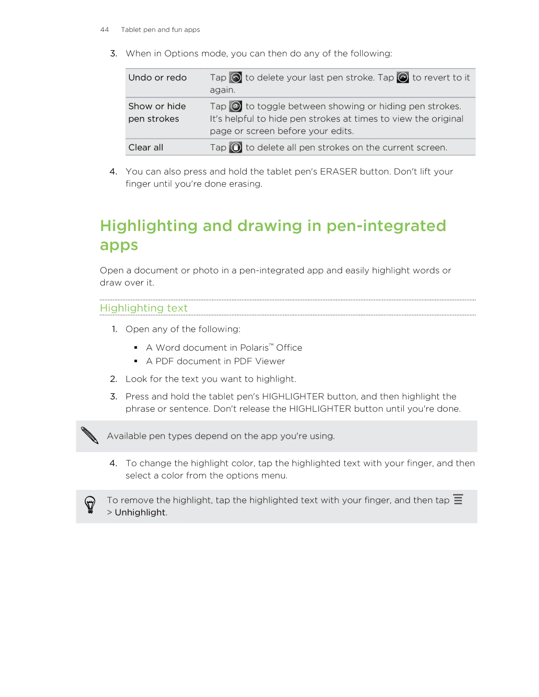 HTC Jetstream manual Highlighting and drawing in pen-integrated apps, Highlighting text 