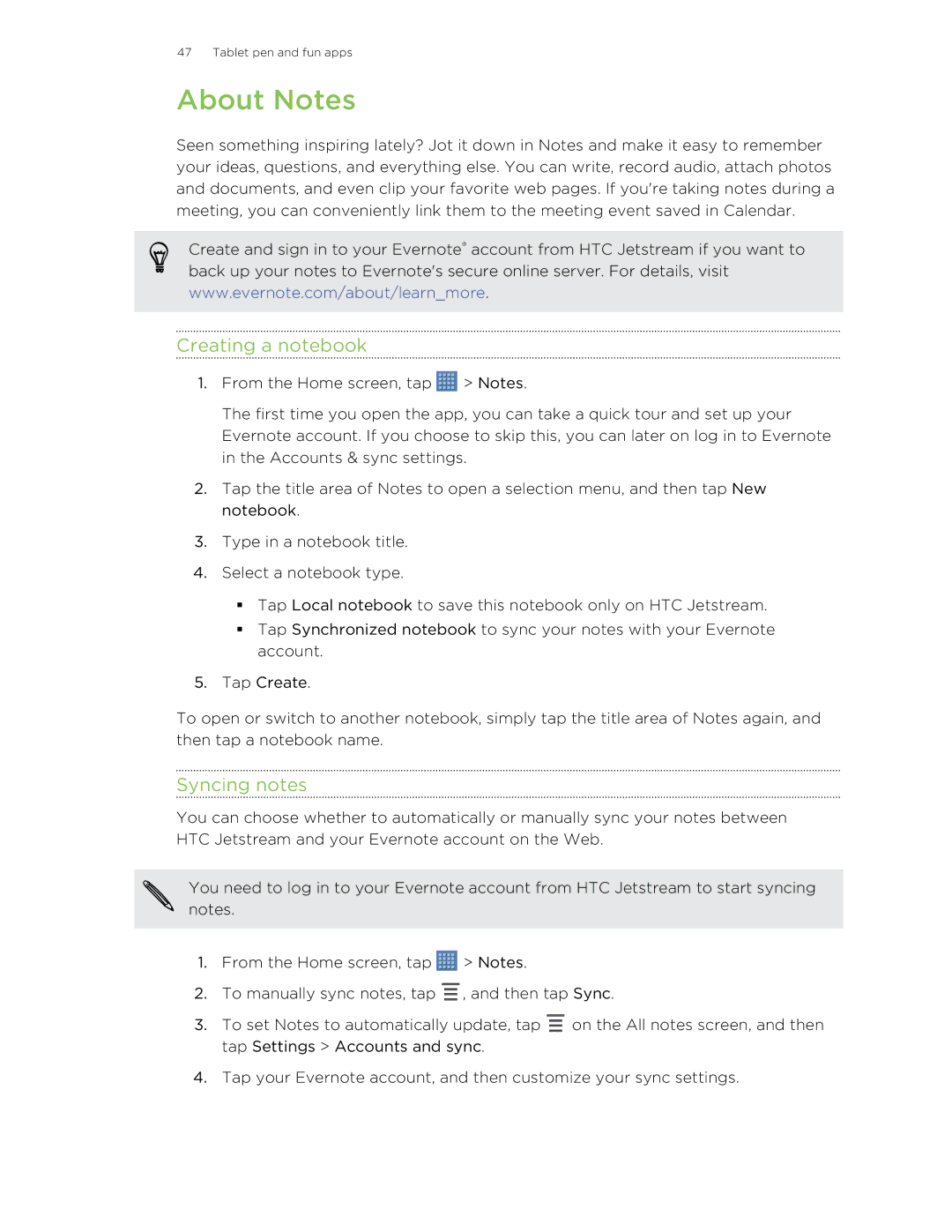 HTC Jetstream manual About Notes, Creating a notebook, Syncing notes 