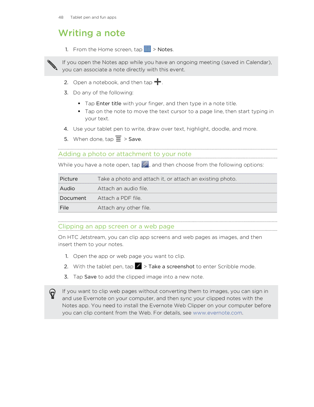 HTC Jetstream manual Writing a note, Adding a photo or attachment to your note, Clipping an app screen or a web 