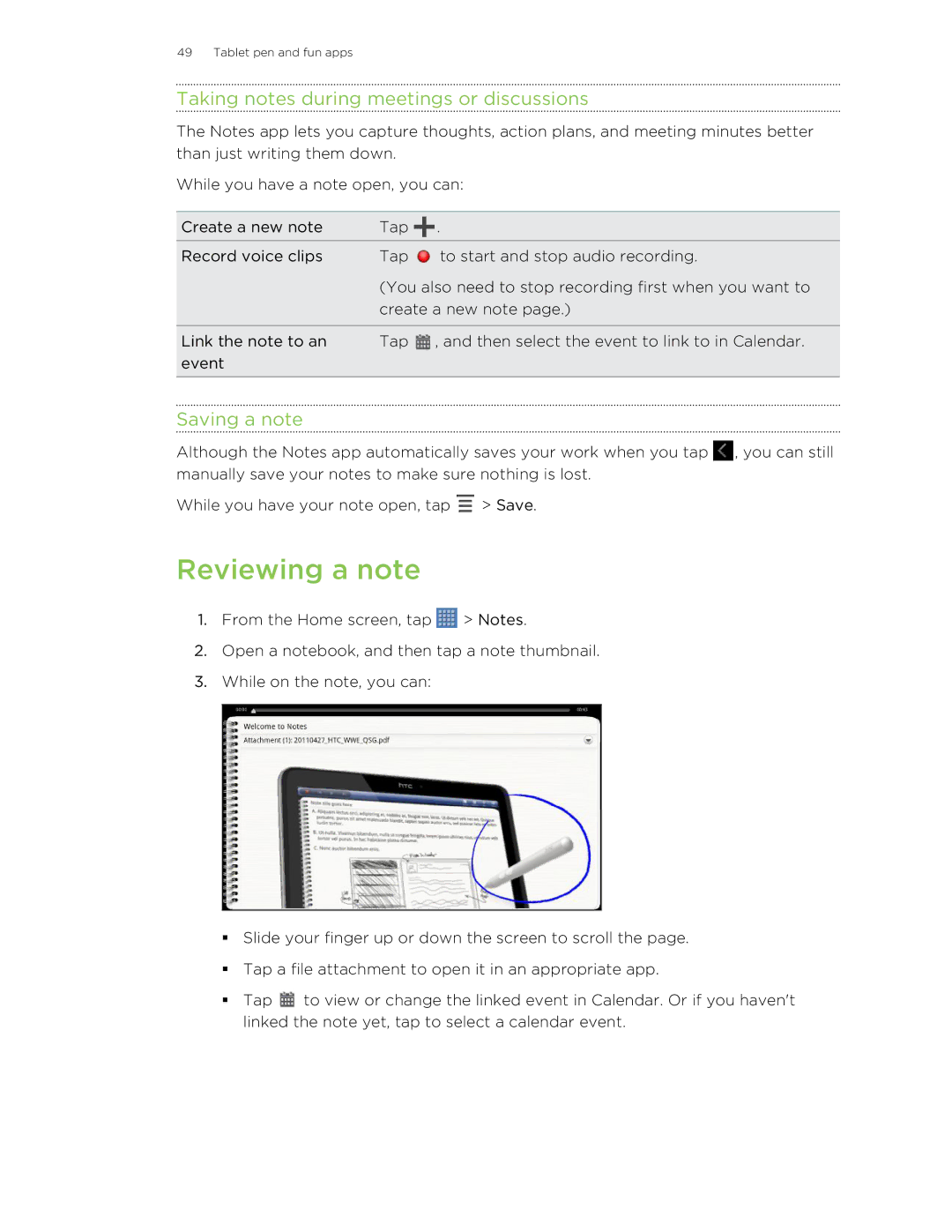 HTC Jetstream manual Reviewing a note, Taking notes during meetings or discussions, Saving a note 