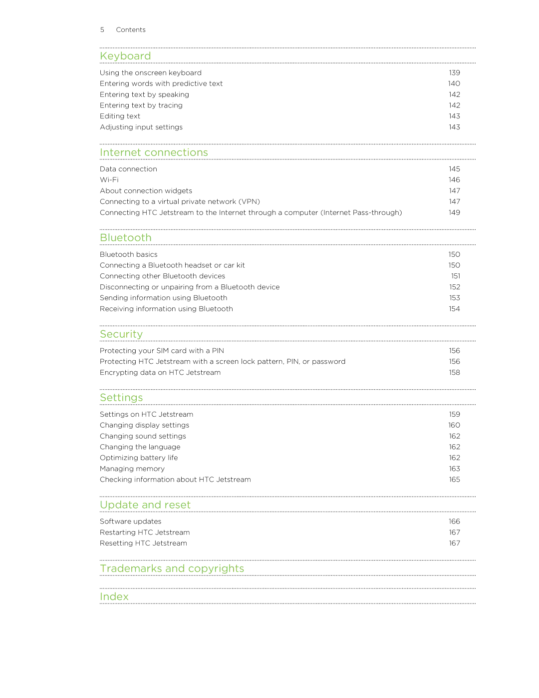 HTC Jetstream manual Keyboard, Internet connections, Bluetooth, Security, Settings, Update and reset 