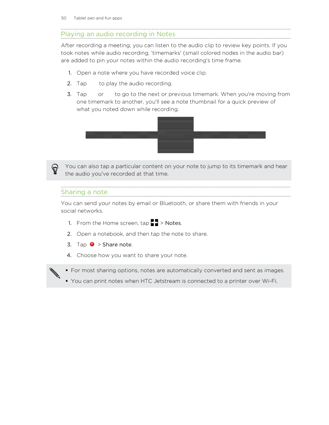 HTC Jetstream manual Playing an audio recording in Notes, Sharing a note 