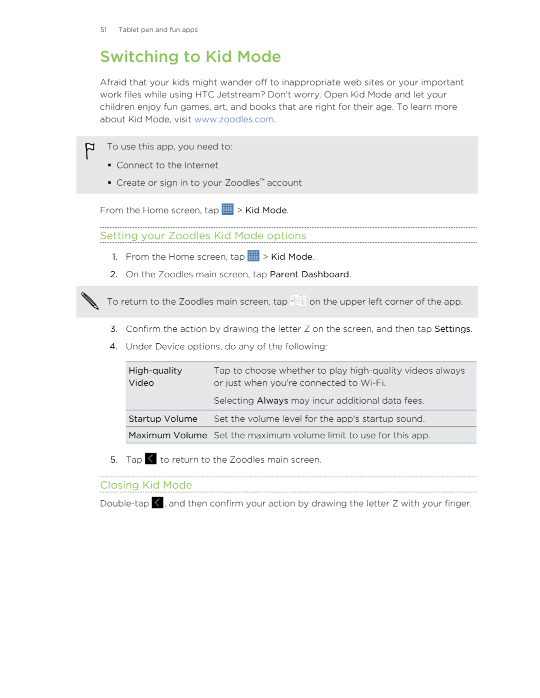 HTC Jetstream manual Switching to Kid Mode, Setting your Zoodles Kid Mode options, Closing Kid Mode 