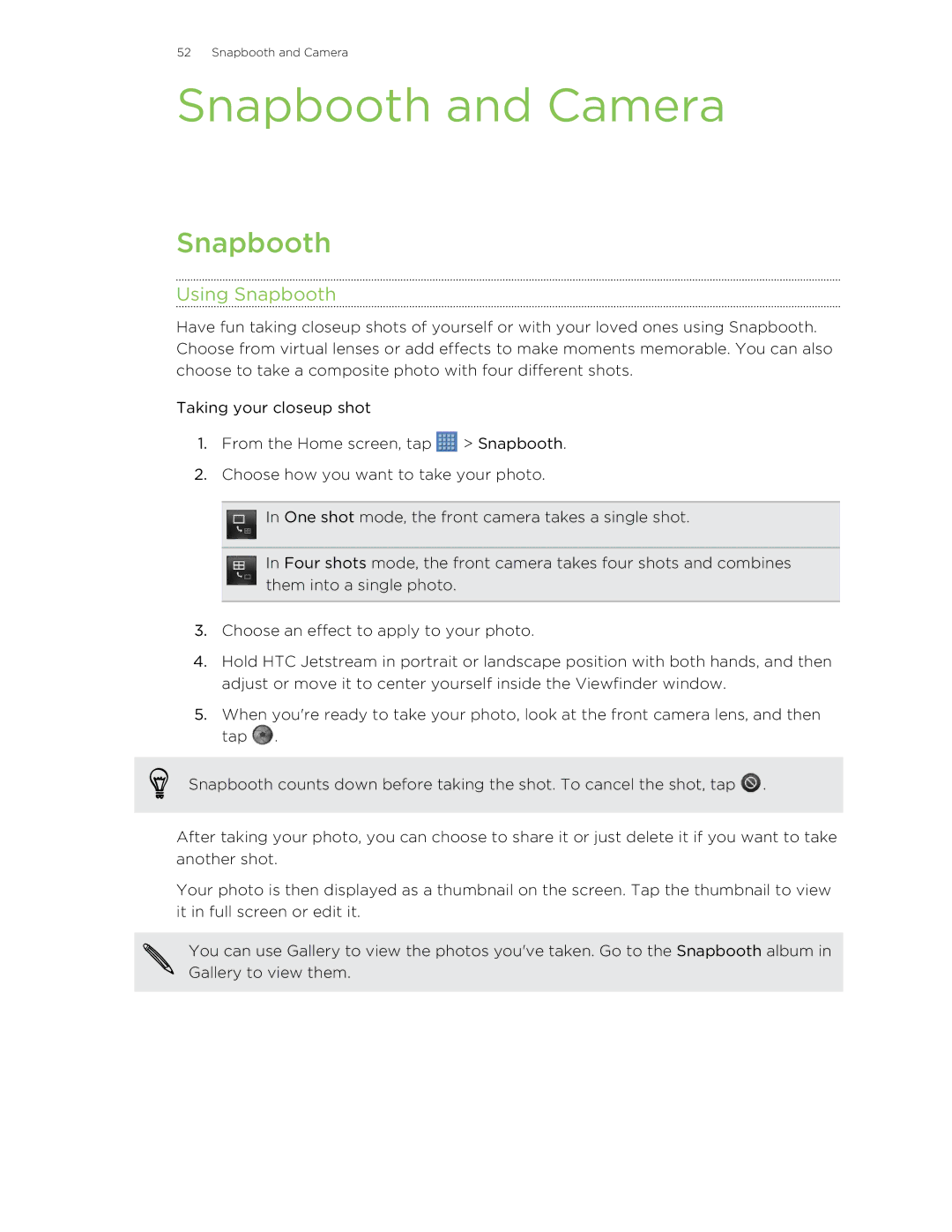 HTC Jetstream manual Snapbooth and Camera, Using Snapbooth 
