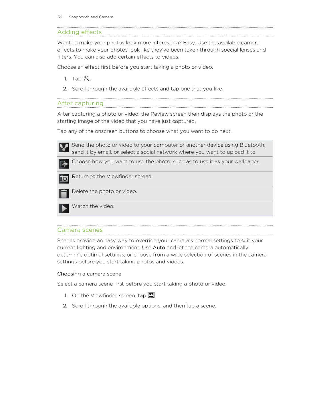 HTC Jetstream manual Adding effects, After capturing, Camera scenes 