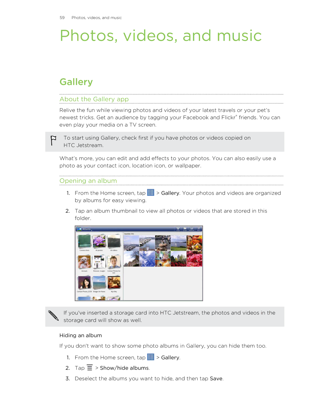 HTC Jetstream manual Photos, videos, and music, About the Gallery app, Opening an album 